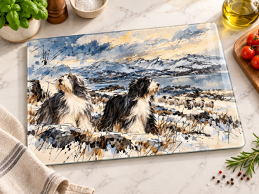Bearded Collie Winter in the Scottish Highlands - Glasschneidebrett